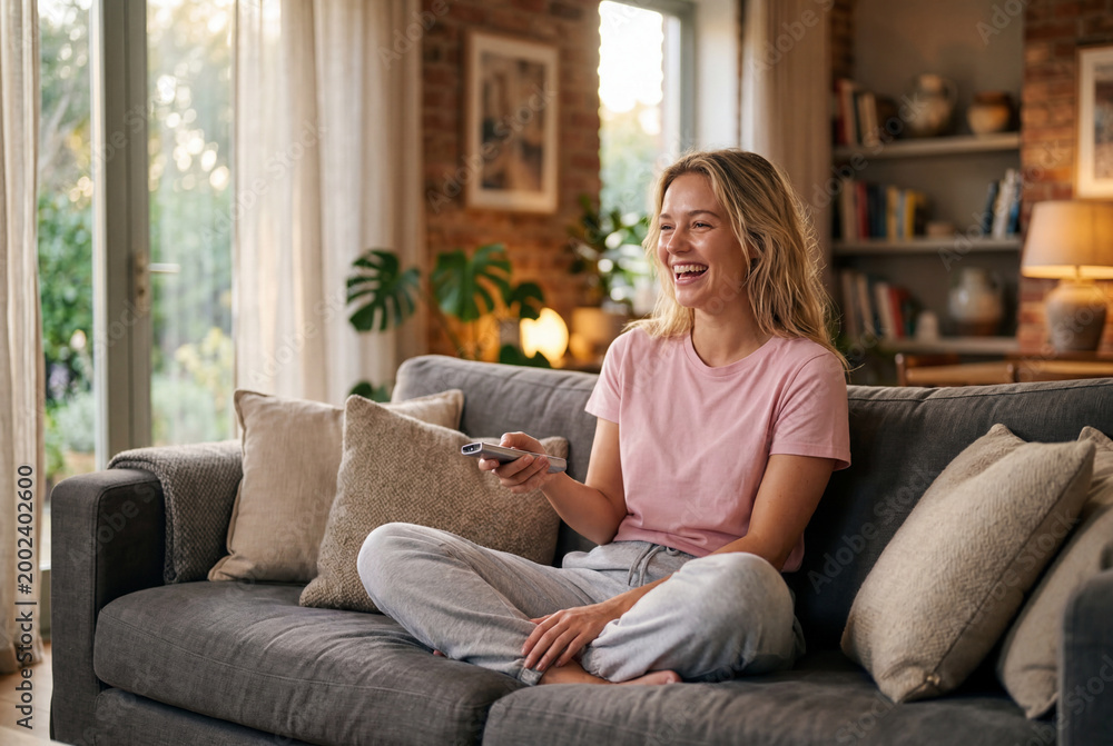 Obraz premium Happy young woman laughing on sofa holding remote control watching television