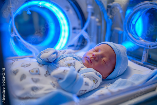 Newborn baby peacefully sleeping inside a neonatal incubator with soft blue lighting providing warmth and care in a hospital nursery environment