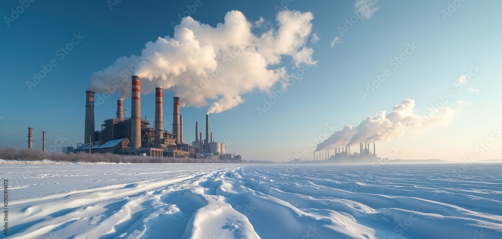 Fototapeta premium Large industrial power plant with smoke stacks emitting white steam clouds against clear blue sky over vast snowy landscape. Tall factory chimneys stand in distance, contributing to industrial