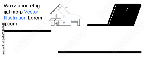 Smart home automation, remote control systems, digital connectivity, IoT devices, modern technology, work from home. A house outline and a laptop . Smart home automation and IoT devices theme