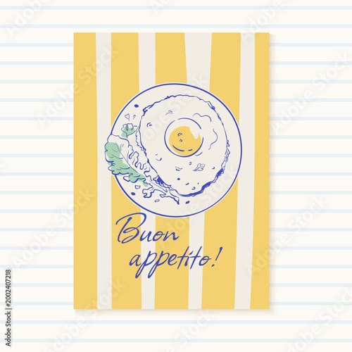 Whimsical yellow fried egg breakfast card set. Cute doodle plate with eggs as mediterranean meal and cozy food menu accent. Simple sketch set detail works as banner or print for cafe brunch