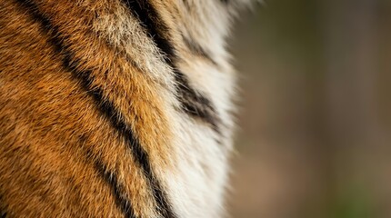 Close-up macro shot of tiger fur showing detailed orange and black striped pattern texture for wildlife photography and nature backgrounds.