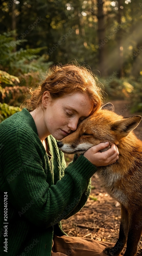 Obraz premium Young redhead woman in green sweater embracing red fox in autumn forest with warm sunlight filtering through trees creating magical wildlife connection moment.