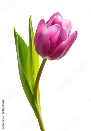 A single pink tulip flower with green stem and leaves isolated on transparent background isolated on transparent background