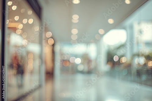 A blurred view through a large glass window reveals a modern interior space with soft lighting and a sense of depth.