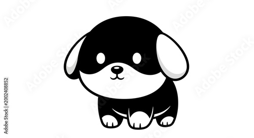 Cute Black And White Cartoon Puppy Dog Isolated On White Background
