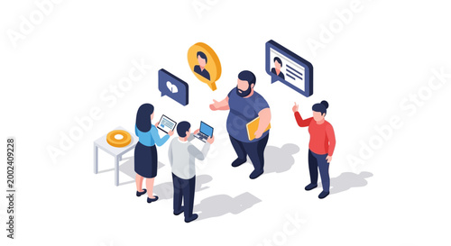 Isometric illustration of business team members collaborating on a project with technology.