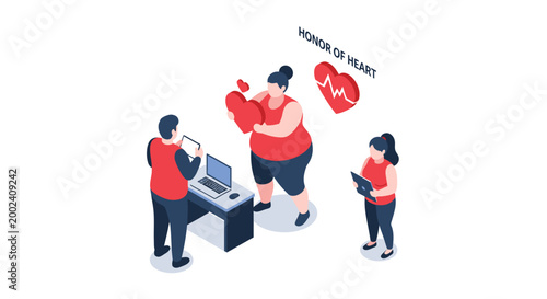 Isometric illustration of a woman exercising with medical professionals.