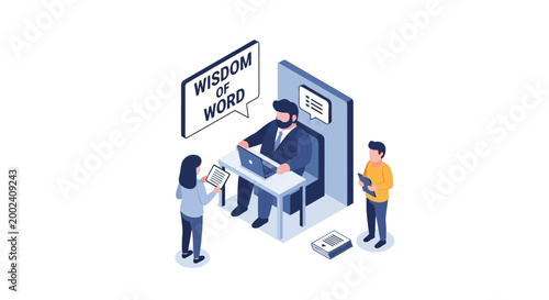 Isometric Illustration of a Business Mentor Guiding Students in a Classroom.