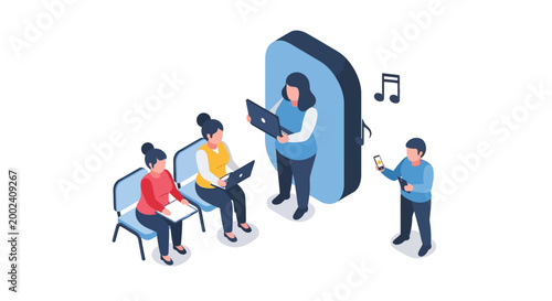 Isometric Illustration of Musicians with Instruments and Laptops.