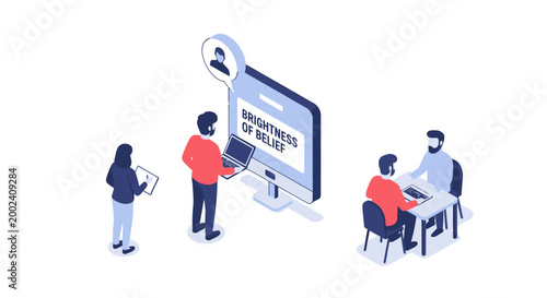 Isometric illustration of business people in a modern office environment.