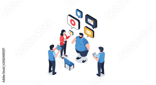 Isometric illustration of a diverse team discussing ideas and sharing thoughts.