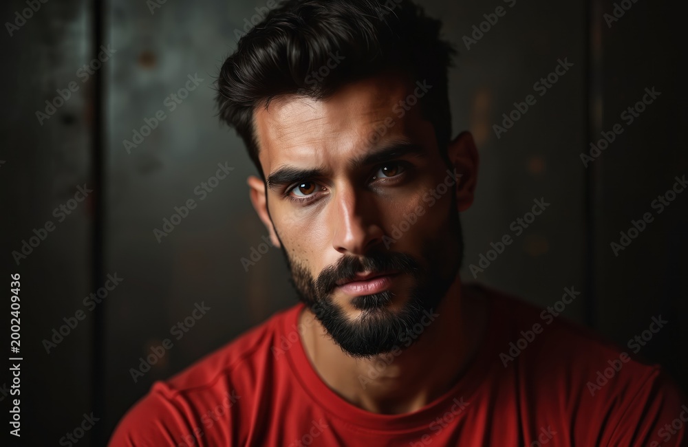 Fototapeta premium Bearded man in red shirt looks intensely at camera. Dark background, close-up portrait, strong gaze, male face, confident expression, professional studio shot, subtle lighting, serious mood, focus on