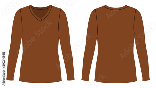 Brown V neck top Long Sleeve oversized silhouette, clean construction lines and smooth shaping, minimal structure casual suitable everyday wear. Technical fashion illustration in flat color, front