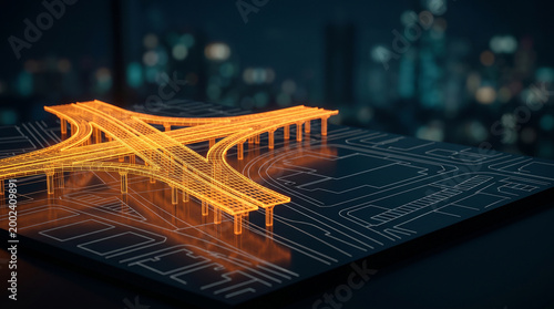 Futuristic glowing highway interchange model representing complex city infrastructure and urban