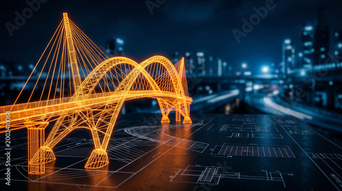 Futuristic wireframe bridge design overlayed on city blueprint plans at night