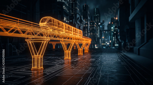 Futuristic wireframe monorail glides through an illuminated digital cityscape at night