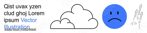 Emotional expression, weather impact, growth, transformation, mental health, challenges. A cloud, a blue sad face and rising arrows. Emotional expression and transformation concept