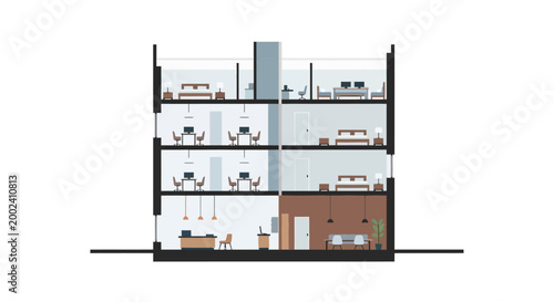 Architectural Cross-Section of Modern Mixed-Use Building with Offices, Hotel Bedrooms and Lobby Area