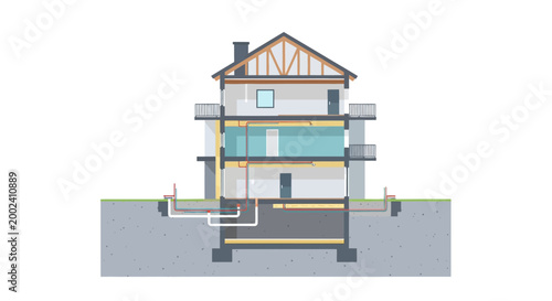 House Cross-Section Illustration showing Underground Plumbing, Heating Systems, and Foundation Schematic for Residential Building Construction