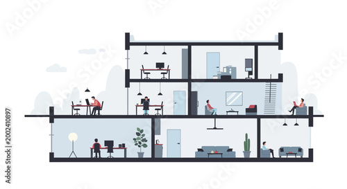 Cross-Section Vector Illustration of a Modern Coworking Space and Home Office with People Working and Relaxing
