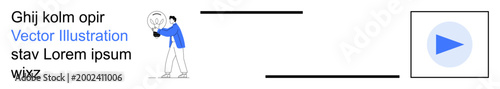 Online learning, curiosity, media interaction, technology, video content, education. A person gazes thoughtfully at an object beside a play button. Online learning and media interaction concept