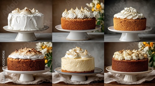 Assortment of delicious cakes with meringue and frosting on cake stands