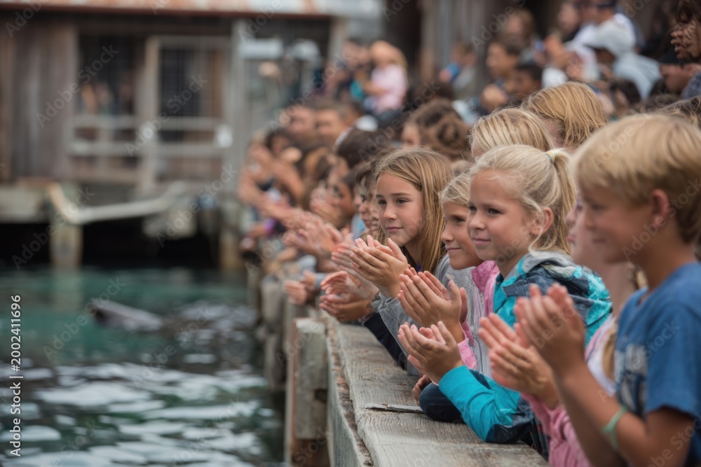 Fototapeta premium Children Clap Enthusiastically at Sea Lion Show