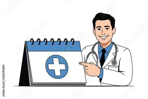 Doctor points to a medical appointment calendar to explain scheduling health.