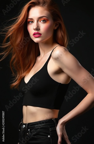 Young woman with vibrant makeup poses confidently against dark studio backdrop. Her fiery red hair flows, framing face with expressive eyes and bold pink lips. She wears black crop top and jeans.