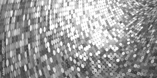 A shimmering background of silver sequins arranged in a wavy, draped perspective. Bright white glints and star-shaped sparkles add a glamorous effect.