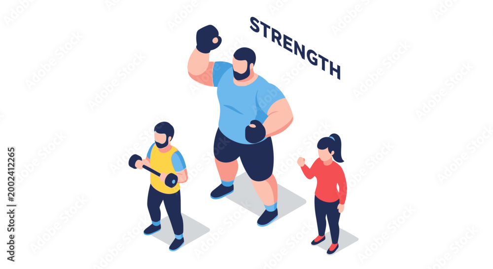Fototapeta premium Isometric Illustration of a Strong Boxer with Children Demonstrating Strength.