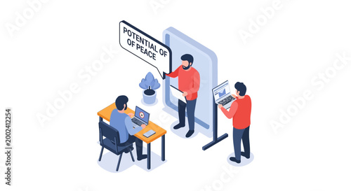 Isometric illustration of business people discussing potential of peace.