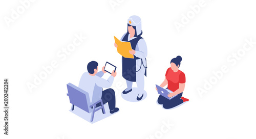 Isometric illustration of a robot and two humans collaborating together.