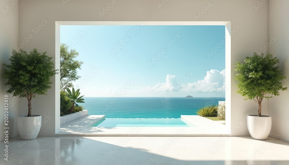 Fototapeta premium Modern villa with infinity pool overlooks calm ocean. Green plants frame minimalist white interior space. Sunny day, clear blue sky, tranquil sea.