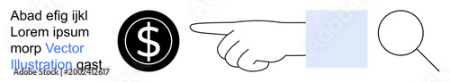 Financial analysis, business targeting, earnings review, data exploration, monetary focus, information search. Hand pointing at dollar icon, magnifying glass and text. Financial analysis