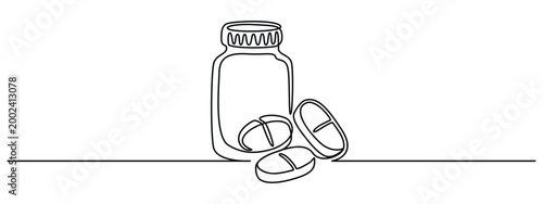 Continuous line art of medicine bottle and pills. Minimalist pharmaceutical illustration for healthcare, pharmacy or medical concept. One line drawing with clean outline. Outline vector illustration