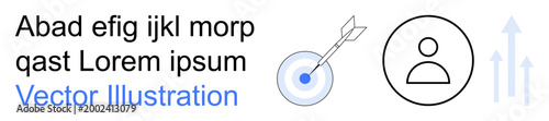 Business strategy, marketing goals, personal growth, user focus, achievement, development. A target and arrow, user icon and upward arrows. Business strategy and personal growth concept