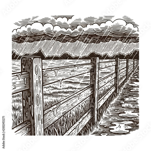 Wooden Fence in the Rainy Weather.
