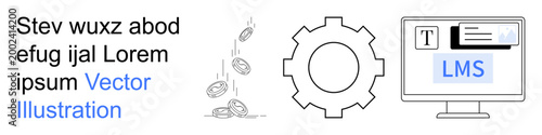 E-learning, financial management, technology, system optimization, digital tools, education. Gear, coins falling and LMS interface on a monitor. Education and e-learning concept
