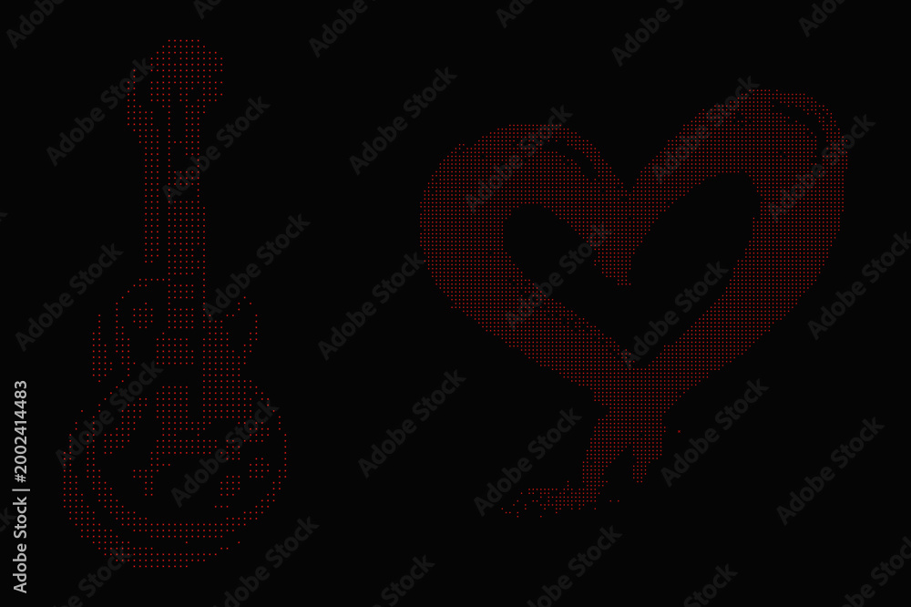 Naklejka premium Red dotted electric guitar and heart shape on black background