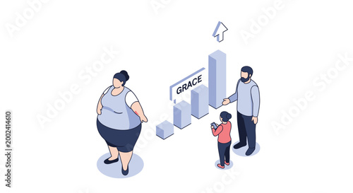 Isometric illustration of a diverse family with financial growth concept.