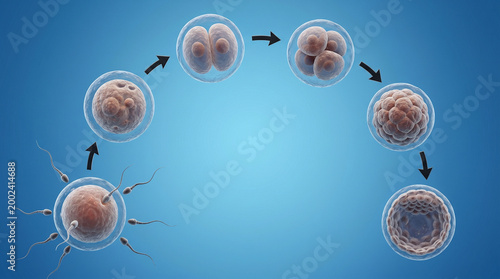 Realistic 3D illustration of human embryo development stages from fertilization to morula