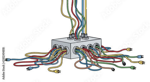 Overloaded junction box with tangled colorful electrical wires on black background
