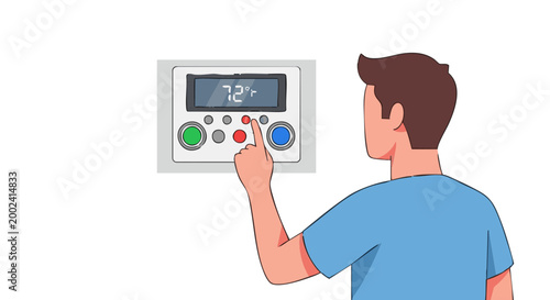 Man pressing button on digital thermostat. Vector illustration of person adjusting home climate control