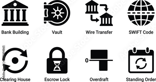 Banking and finance transaction vector icons set on white background