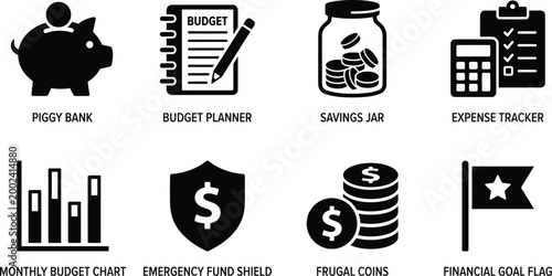 Black minimalist personal finance and budget planning icon set isolated on white
