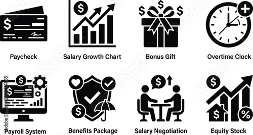 Payroll and compensation finance black vector icon set