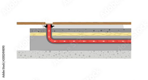 Underfloor heating system cross section with hot water pipe. Floor layers diagram showing insulation and concrete