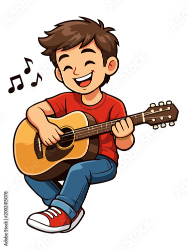 Illustration of a happy boy playing an acoustic guitar while sitting cross-legged and smiling.